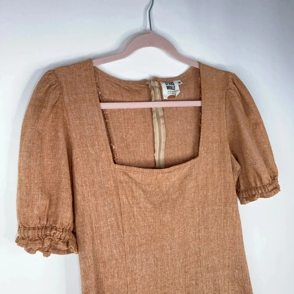 Lykke Wullf Fig Dress Pecan Linen Cotton Mini Dress Square Neck Neutral Medium - Picture 3 of 12